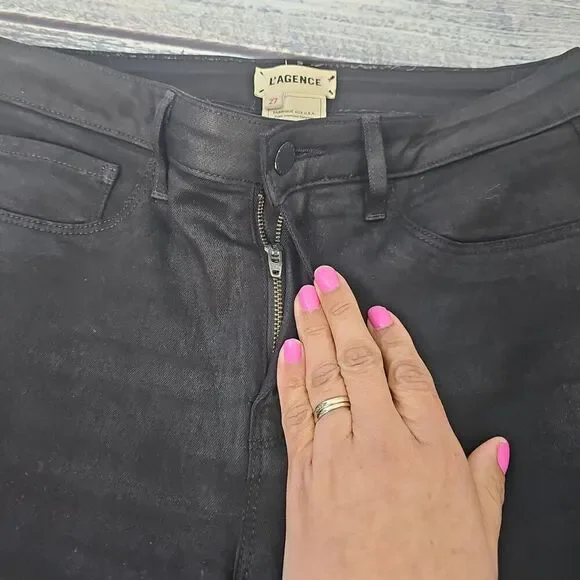 LAGENCE Noir Coated Skinny Jeans High Waist Button Detail Womens Size 27